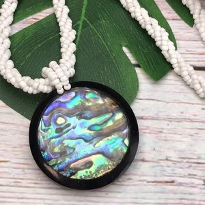 NEW Real Abalone Seashell Pendant Glass Beaded Multi Strand Statement Necklace